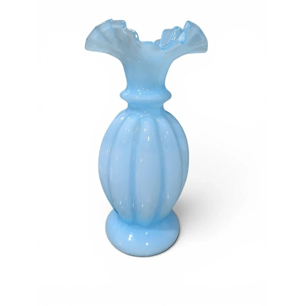 Vintage Blue Opalescent Milk Glass Melon Ribbed Ruffled Rim Vases Pair 8.5